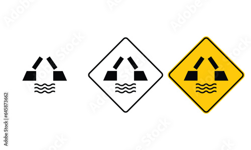 icon warning open bridge sign  yellow design for yellow black and white background