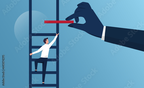 Big hand helps businessman build a ladder, business growth success and teamwork, helping hand and career development