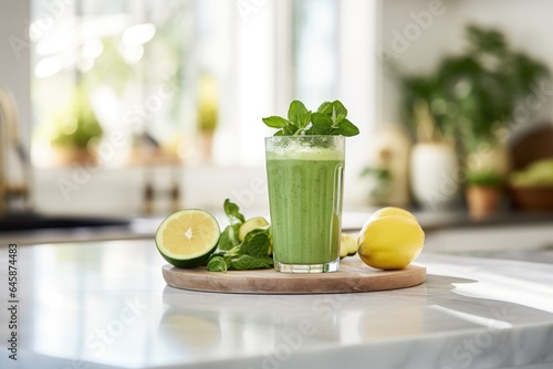 Healthy green smoothie or shake made out of fresh and organic lime and lemon on a kitchen counter top