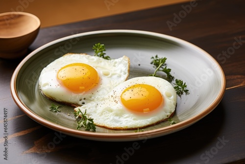 Breakfast containing two fried eggs on a plate