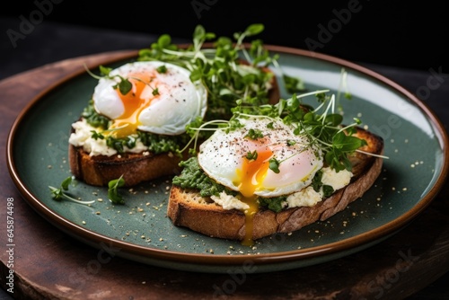 Breakfast containing fried eggs on a toast