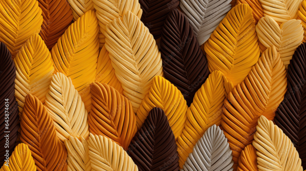 Leaves made from knitted yarn in the colors yellow, brown, and orange Leaves made from knitted yarn in the colors yellow, brown, and orange