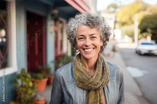 Smiling portrait of a happy senior caucasian woman outside of her home