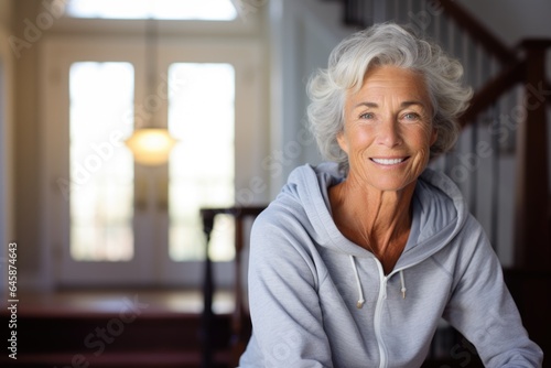 Smiling portrait of a happy senior caucasian woman inside of her home
