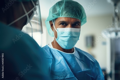Close up portrait of a male surgeon or doctor performing surgery or operation in the operating room of the hospital