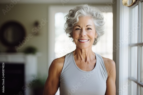 Portrait of a happy and smiling senior woman wearing sports clothes inside of her home