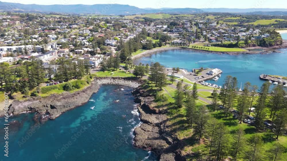 Aerial drone view of Kiama on the New South Wales South Coast, Australia showing Kiama Harbour on a sunny day Aerial drone view of Kiama on the New South Wales South Coast, Australia showing Kiama Harbour on a sunny day