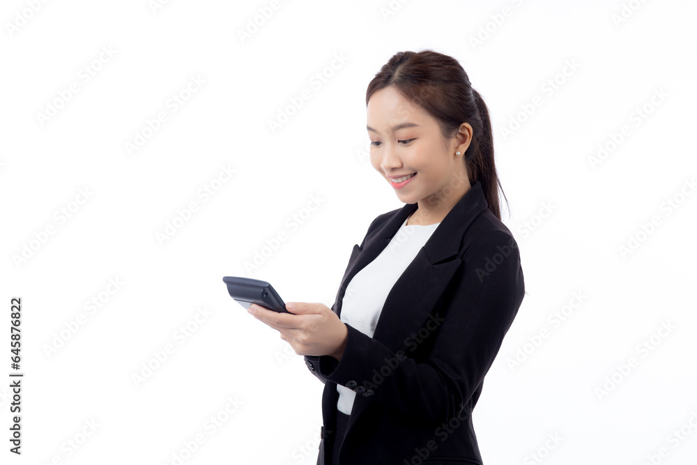 Portrait young asian businesswoman using calculator for calculate expense and budget for saving isolated white background, business woman or manager calculate tax, business and finance concept. Portrait young asian businesswoman using calculator for calculate expense and budget for saving isolated white background, business woman or manager calculate tax, business and finance concept.