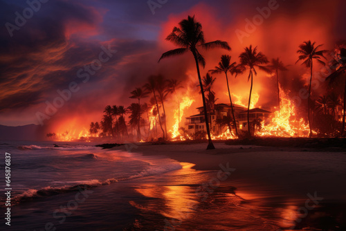 Maui, Hawaii Wildfire Engulfed in Fire at Night - Dark Smoke, Palm Trees, Beach, Water