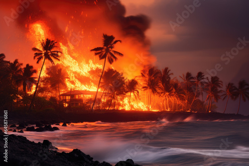 Murais de parede Maui, Hawaii Wildfire Engulfed in Fire at Night - Dark Smoke, Palm Trees, Beach,