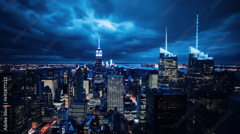 Obraz premium Cityscape at Night: Towering Lights in the Midnight Blue