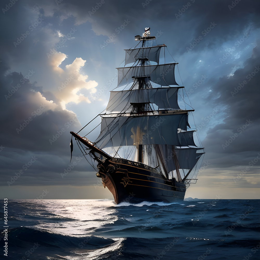 A Pirate Ship on the Sea, a Fantasy portrait.