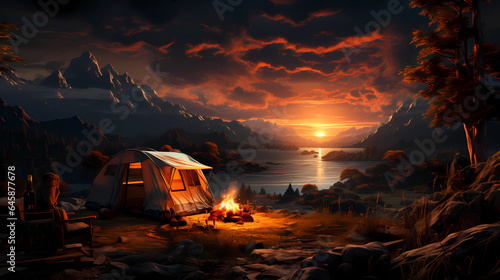 camping with sunset background