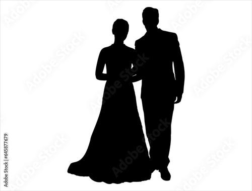 Bride and groom silhouette vector art white background