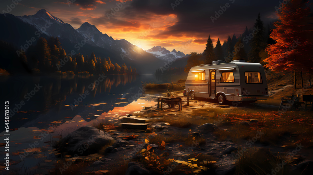 camping with sunset background