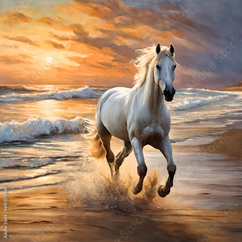 White horse on the beach at sunset