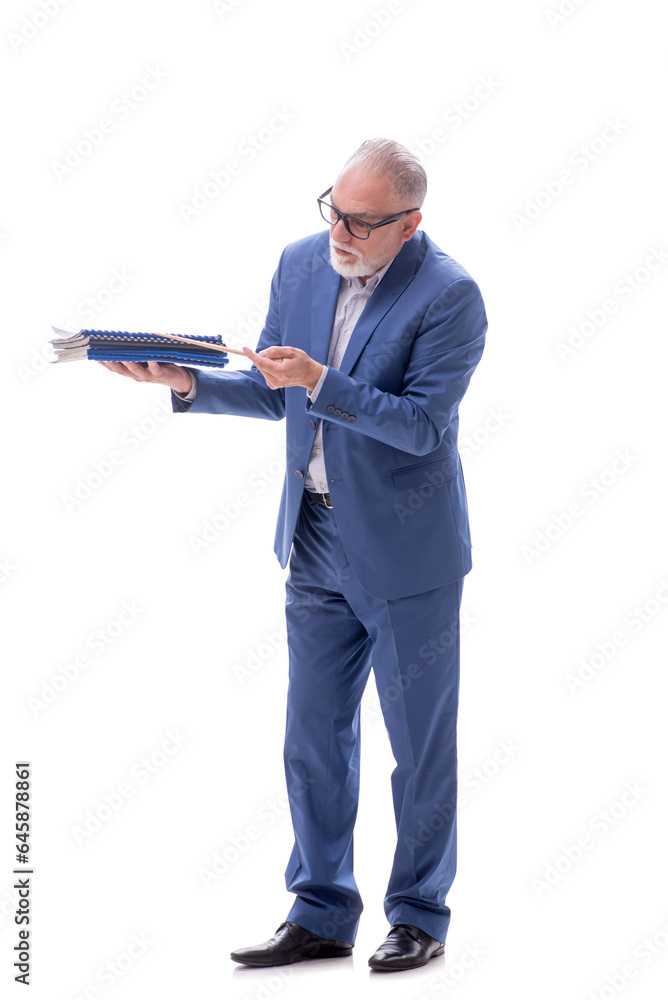 Old boss holding heavy pile isolated on white Old boss holding heavy pile isolated on white