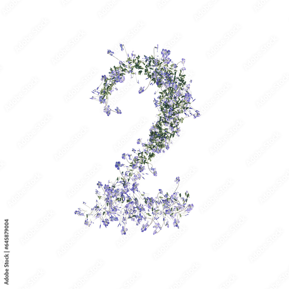 Font made of flowers and leaves, numbers, alphabet, font art 3d rendering with transparent background