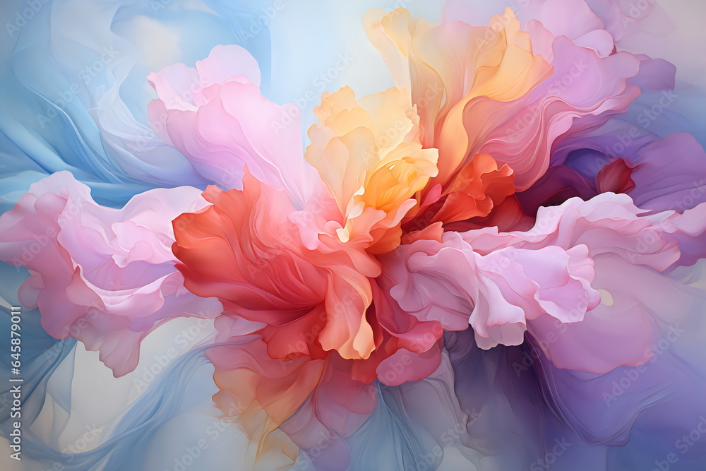 abstract swirling watercolor flow art background in pastel purple, pink, blue and orange