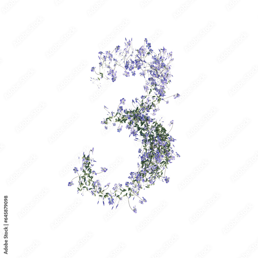 Font made of flowers and leaves, numbers, alphabet, font art 3d rendering with transparent background