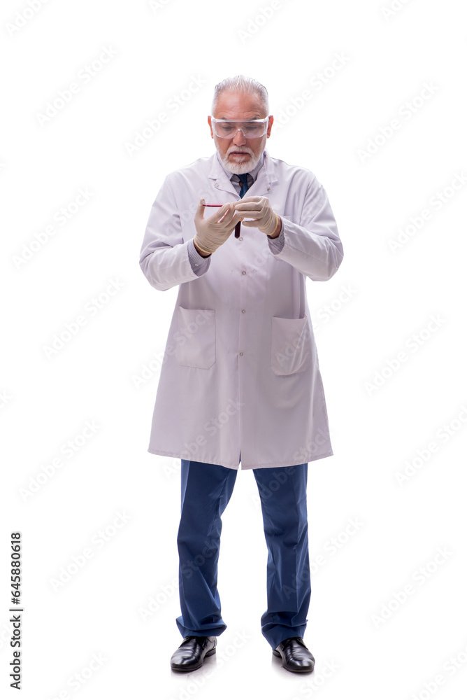 Old male chemist isolated on white Old male chemist isolated on white