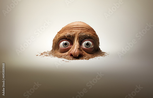 Caricature. A bald man. Melting head. Exaggerated features. Ugly. Strange looking man. Funny expression. Comical. Wide eyed. Bug Eyes. Bulging. Balding. Halloween. Odd. Scared. Weird. Avant-garde.