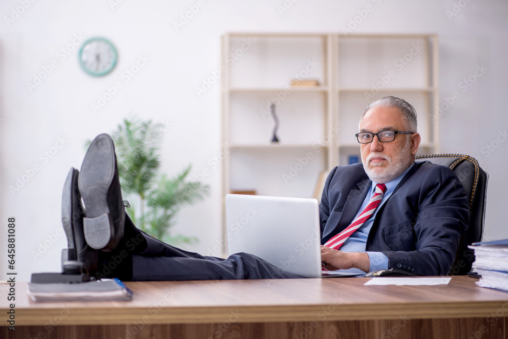 Old male employee working in the office Old male employee working in the office