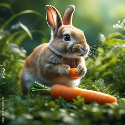 Adorable Rabbit Enjoying a Carrot Snack in the Undergrowth , Generative AI © PixelPursuit