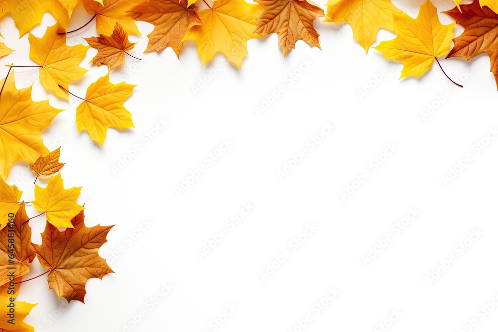 Autumn palette. Vibrant tapestry of maple leaves on white background. Fall finest. Frame of leaf splendor. October canvas