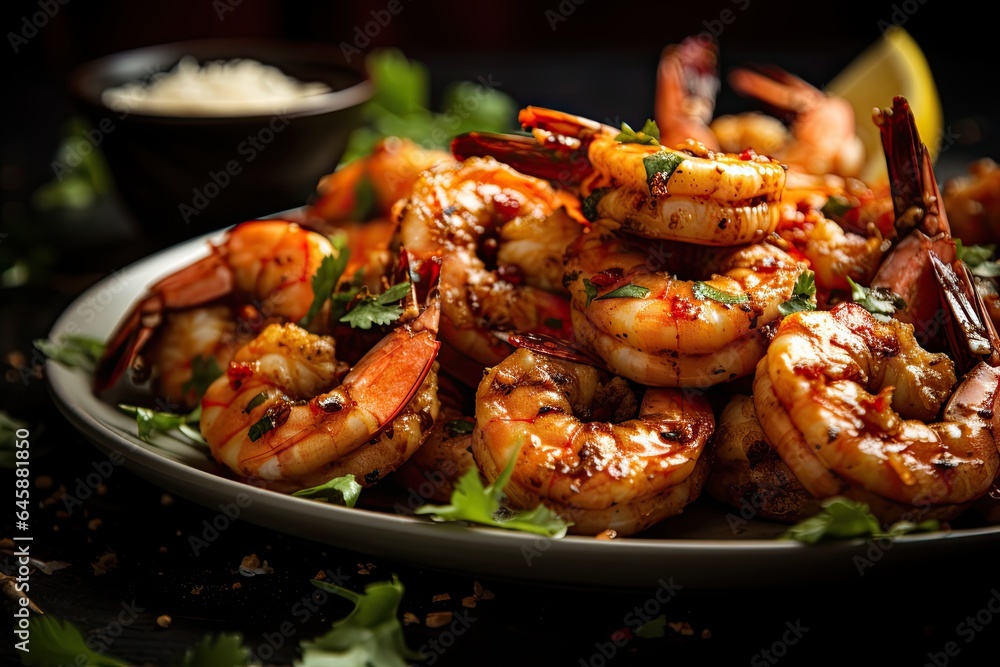 Grilled Shrimp with a drizzle of garlic butter, close-up captured to highlight the shrimp's texture and flavor. Generative AI Grilled Shrimp with a drizzle of garlic butter, close-up captured to highlight the shrimp's texture and flavor. Generative AI