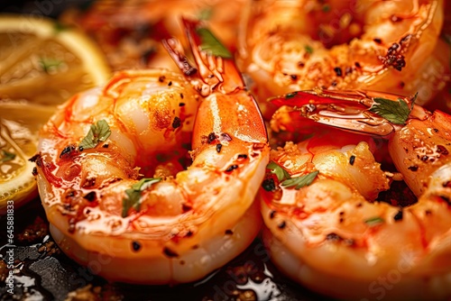 Grilled Shrimp with a drizzle of garlic butter, close-up captured to highlight the shrimp's texture and flavor. Generative AI