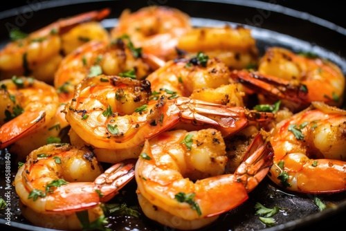 Grilled Shrimp with a drizzle of garlic butter, close-up captured to highlight the shrimp's texture and flavor. Generative AI