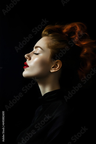 side view of beautiful pale woman with red hair isolated on black background 