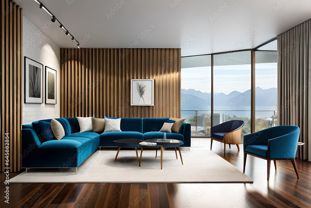 Fototapeta premium artistic view of modern living room , with blue color sofa , and white carten