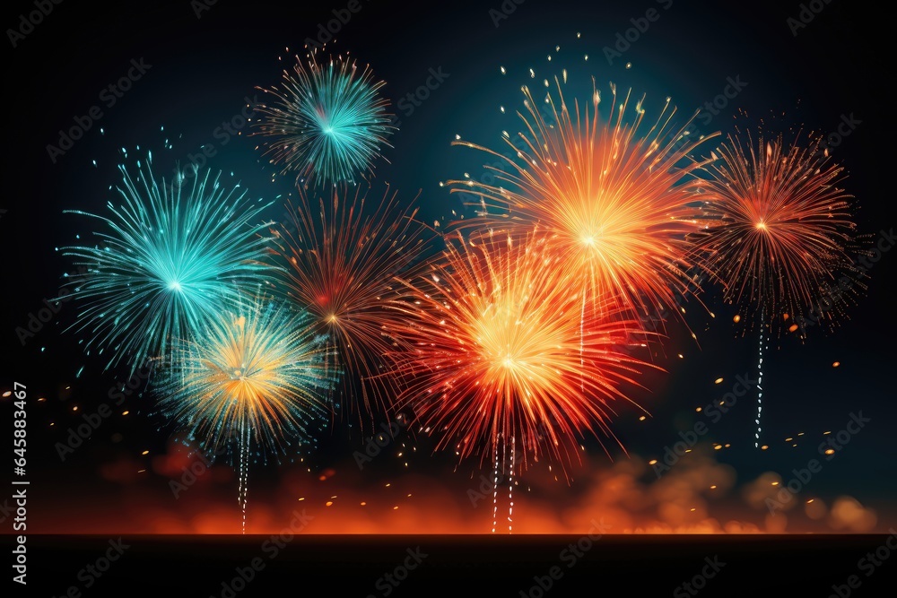 An ideal background image for creative content, setting the stage for New Year celebrations with colorful fireworks painting the night sky. Illustration An ideal background image for creative content, setting the stage for New Year celebrations with colorful fireworks painting the night sky. Illustration