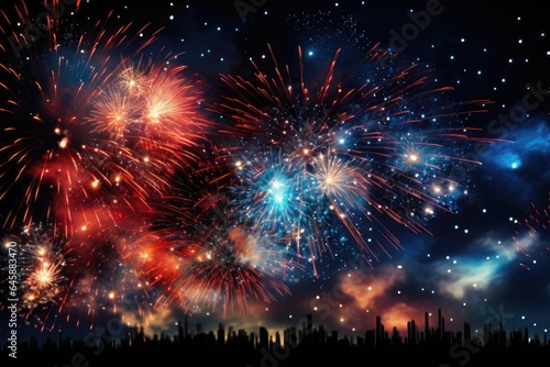 A captivating background image for creative content  perfect for New Year celebrations  featuring dazzling and vibrant fireworks against a starry night sky. Photorealistic illustration