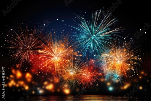 A background image tailored for creative content  perfectly suited for New Year celebrations  with a sky filled with a colorful burst of fireworks. Photorealistic illustration