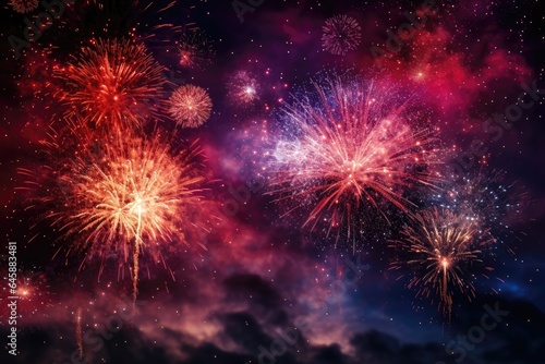 An ideal background image for creative content, capturing the essence of celebrations with a dazzling display of colorful fireworks against a starry night sky. Photorealistic illustration