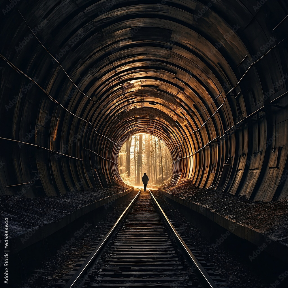 A Woman Walking Through a Long Train Tunnel