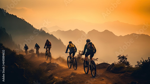 Adventure tourists by bicycle. touring cyclists practicing in the mountains. Generative Ai © tong2530