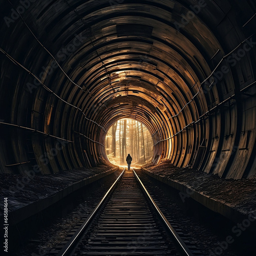 A Woman Walking Through a Long Train Tunnel