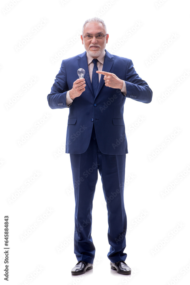 Old businessman in happy idea concept isolated on white Old businessman in happy idea concept isolated on white
