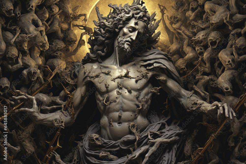 Culture and religious concept. Jesus Christ and genesis surreal illustration. Sacral fresco or statue Jesus in chaotic background. Small and tiny details, gray and golden coloring. Generative AI