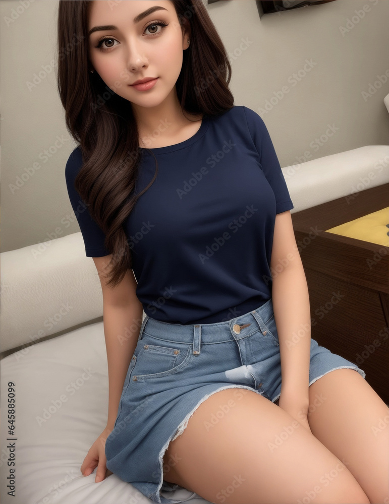 woman sitting on bed in navy blue top and short jeans 