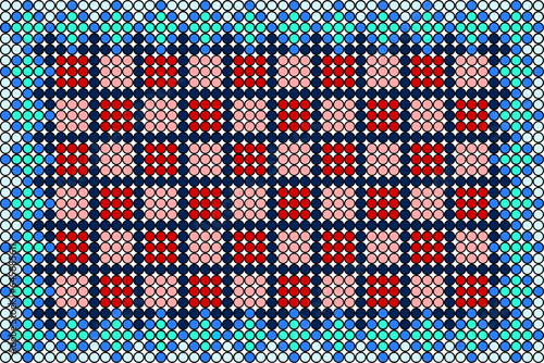 Many dots arranged in a red-toned grid pattern and framed by blue-toned polka dots.