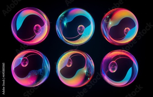 Water background soap abstract light black gradient circle transparent bubble ball. Reflect water rainbow soap 3D share sphere. Dark background fluid design geometric clean energy power. Generative AI