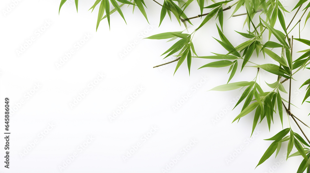 frame of bamboo leaves on white background top view. Generative Ai