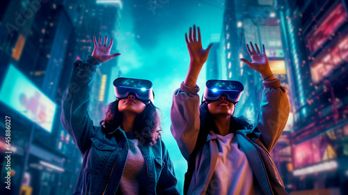 two young women wearing virtual reality glasses in a modern night city. Generative Ai