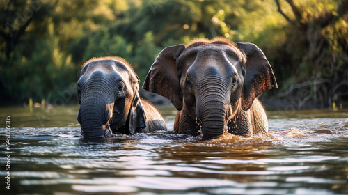 two elephants are thirsty and drink water after entering the river. Generative Ai