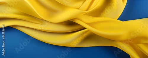 yellow satin waves drapery on blue background. Generative Ai